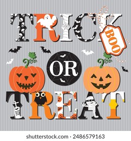 Happy Halloween card design with trick or treat lettering and pumpkin