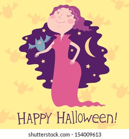 Happy Halloween. Halloween card design with Vampire woman in cartoon style.