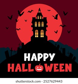 Happy Halloween Card Design. vector illustration. Pumpkin, Bat and Moon.