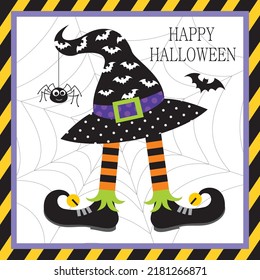 Happy Halloween Card Design With Witch Hat And Elf Shoes