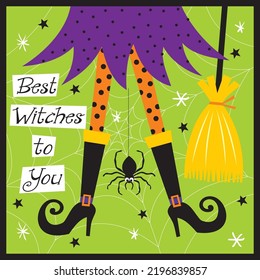Happy halloween card design with witch and broom