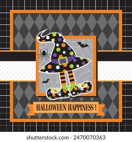 Happy Halloween card design with witch hat and spider