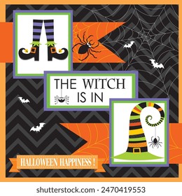 Happy Halloween card design with witch hat and elfish boots