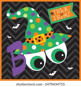 Happy Halloween card design with witch hat and eyes