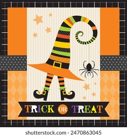 Happy Halloween card design with witch hat and spider