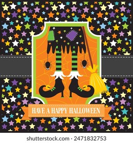Happy Halloween card design with witch, broomstick and colorful stars