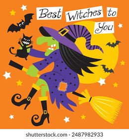 Happy Halloween card design with witch holding black cat