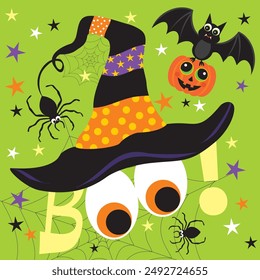 Feliz diseño de tarjeta de Halloween con sombrero de bruja, murciélago y texto de libro