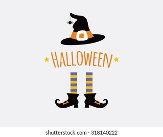 Happy Halloween Card Design With Witch Legs And Hat. Vector Illustration