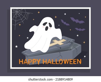 Happy halloween card designs with cute ghost and coffin