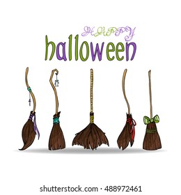 Happy halloween card with different cute witch brooms.