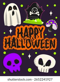 Happy Halloween card. Doodle style poster with spooky ghost, grave, skull, grave. Isolated vector illustration.