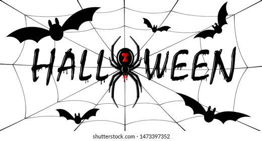 Happy Halloween card. Drip text, spider, web isolated white background. Greeting design banner, Halloween holiday celebration. Horror silhouette spider Black Widow. Flow blood Vector illustration