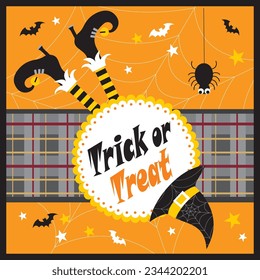 Happy halloween card with dwarf shoes, witch hat and text