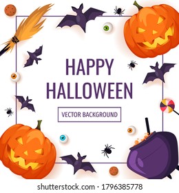 Happy Halloween card with Halloween elements. Scary pumpkins, cauldron, broom, flying bats, spiders, candies. Vector illustration for poster, banner, card, postcard.