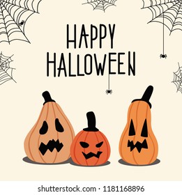 Happy Halloween card, Emotional pumpkins, spiders, web