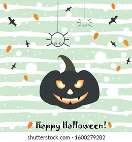 Happy Halloween Card with evil pumpkin and two hanging spiders on background with flying bats and leaves. Vector Illustration 