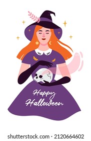 Happy Halloween card. Flat vector illustration of a witch, skull, ghost.