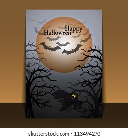 Happy Halloween Card, Flyer or Cover Design with Flying Bats Over a Dark Haunted Autumn Forest