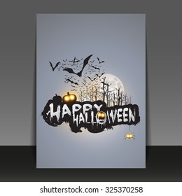 Happy Halloween Card, Flyer or Cover Template - Flying Bats Over the Autumn Woods and Various Spooky Creatures with Glowing Eyes - Vector Illustration