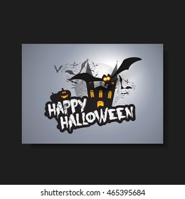 Happy Halloween Card, Flyer or Cover Template - Flying Bats Over A Dark Castle and Spooky Pumpkins with Glowing Eyes - Vector Illustration
