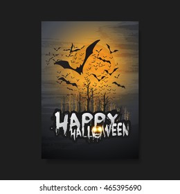 Happy Halloween Card, Flyer or Cover Template - Flying Bats Over the Autumn Woods and Spooky Creature with Glowing Eyes - Vector Illustration