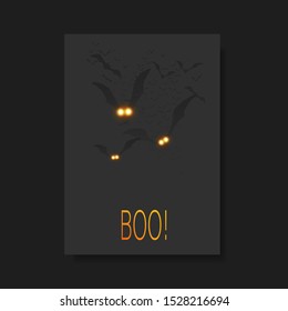 Happy Halloween Card or Flyer Template - Flying Bats with Glowing Eyes in The Dark - Vector Illustration