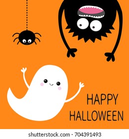 Happy Halloween Card. Flying Ghost Spirit. Monster Head Silhouette. Eyes, Hands. Hanging Upside Down. Black Spider Dash Line. Funny Cute Cartoon Baby Character. Flat Design. Orange Background. Vector