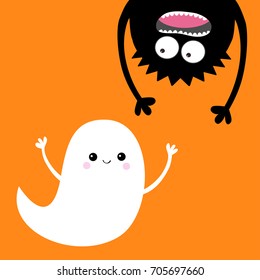 Happy Halloween card. Flying ghost spirit. Monster head silhouette. Eyes, hands. Hanging upside down. Funny Cute cartoon baby character. Flat design. Orange background. Vector