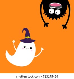 Happy Halloween card. Flying ghost spirit Witch hat Monster head silhouette. Eyes, hands. Hanging upside down. Funny Cute cartoon baby character. Flat design. Orange background. Vector