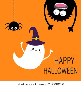 Happy Halloween card. Flying ghost spirit witch hat. Monster head silhouette. Eyes, hands. Hanging upside down. Black spider. Funny Cute cartoon baby character. Flat design. Orange background. Vector