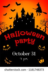 Happy Halloween card with flying witch on broom and haunted castle