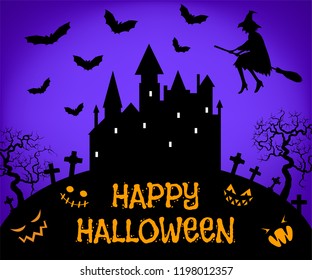 Happy Halloween card with flying witch on broom and haunted castle