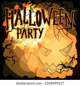 Happy Halloween card - frame from scary trees, pumpkin and lettering Halloween party on night orange background. Spooky banner. Vector illustration. Flyer or invitation template for Halloween party.