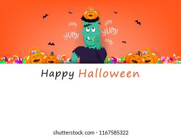 Happy Halloween card, frankestein eating sweet candy with cute pumpkin, celebration holiday season, party festival cartoon concept abstract background banner poster vector illustration