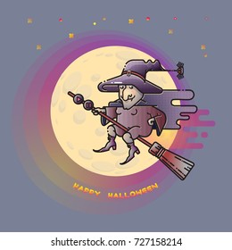 Happy Halloween card with a funny flying witch on a broom and Moon isolated on blue background.