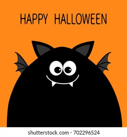 Happy Halloween card. Funny monster head silhouette with big eyes, fang tooth and wings. Cute cartoon character. Orange color. Baby collection. Isolated. Flat design. Vector illustration