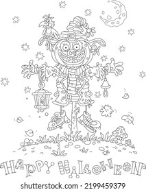 Happy Halloween card of a funny scarecrow with a pumpkin had and a crow perched on its witch hat on a moonlit holiday night, black and white vector cartoon illustration