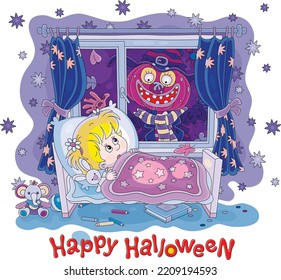 Happy Halloween card with a funny scarecrow with a creepy smiling pumpkin had scaring a little girl through a window in her nursery on a dark holiday night, vector cartoon