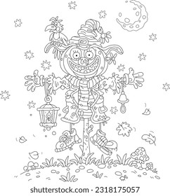 Happy Halloween card of a funny scarecrow with a ghastly pumpkin had and a crow perched on its witch hat on a mysterious moonlit night, black and white vector cartoon