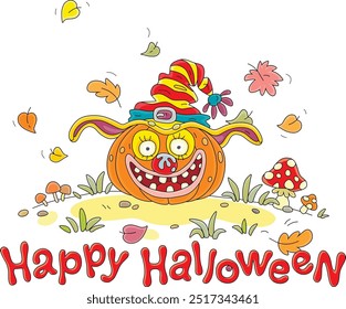 Happy Halloween card with a funny smiling pumpkin in a witch hat, vector cartoon illustration