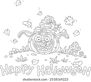 Happy Halloween card with a funny smiling pumpkin in a witch hat, black and white outline vector cartoon illustration for a coloring book