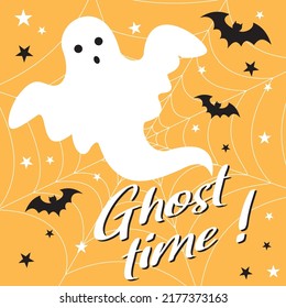 Happy halloween card with ghost and bats