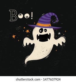 Happy Halloween card with ghost cartoon.