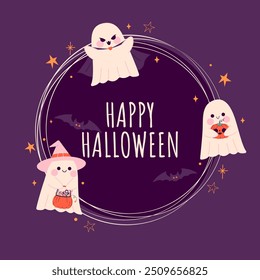 Happy Halloween card with ghost characters in Dracula costume, pumpkin. Halloween phantom, spirit. Happy holiday, Halloween for kids. Vector illustration in flat style