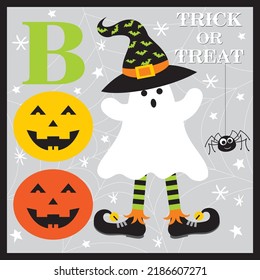 Happy halloween card with ghost, pumpkin and spider