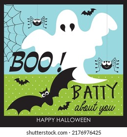 Happy halloween card with ghost, spider and bats