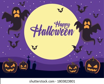 happy halloween card with ghosts and bats flying vector illustration design