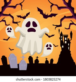 happy halloween card with ghosts floating in cemetery scene vector illustration design