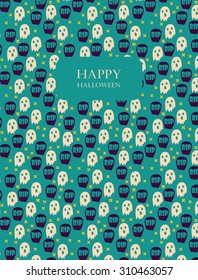 Happy Halloween card  with ghosts and graves. Holiday design for fabric, wrapping paper, greeting cards, invitation, stationery. Seamless pattern is masked.